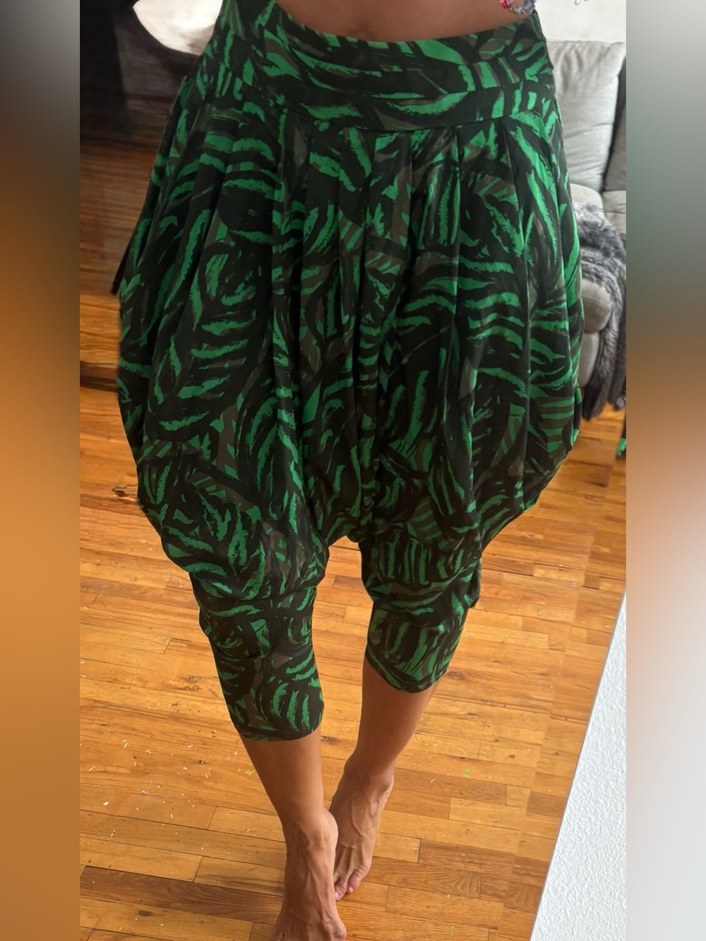 Green and Black animal print Harem Crop pants Sz M